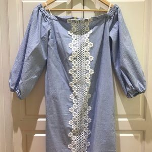 Eliza J blue and white dress.